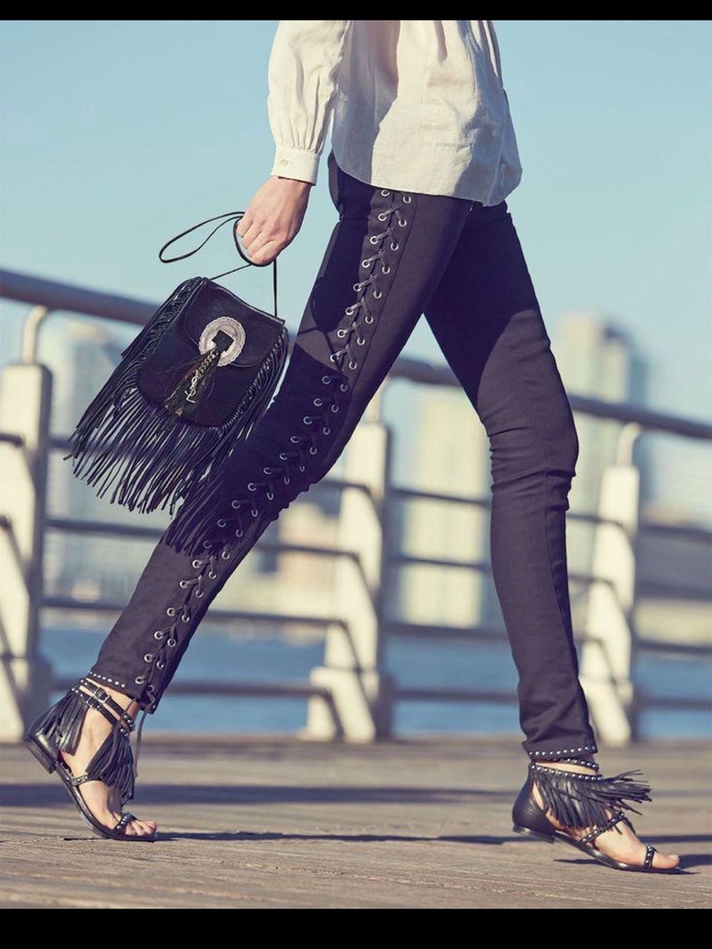 Saint Laurent Black Studded Lace-Up Jeans SS 2015